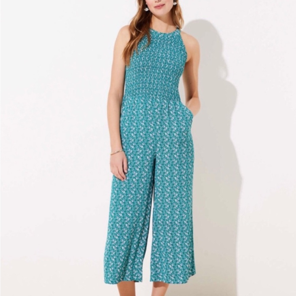 LOFT Paisley Smocked Halter Jumpsuit Blue Green 00